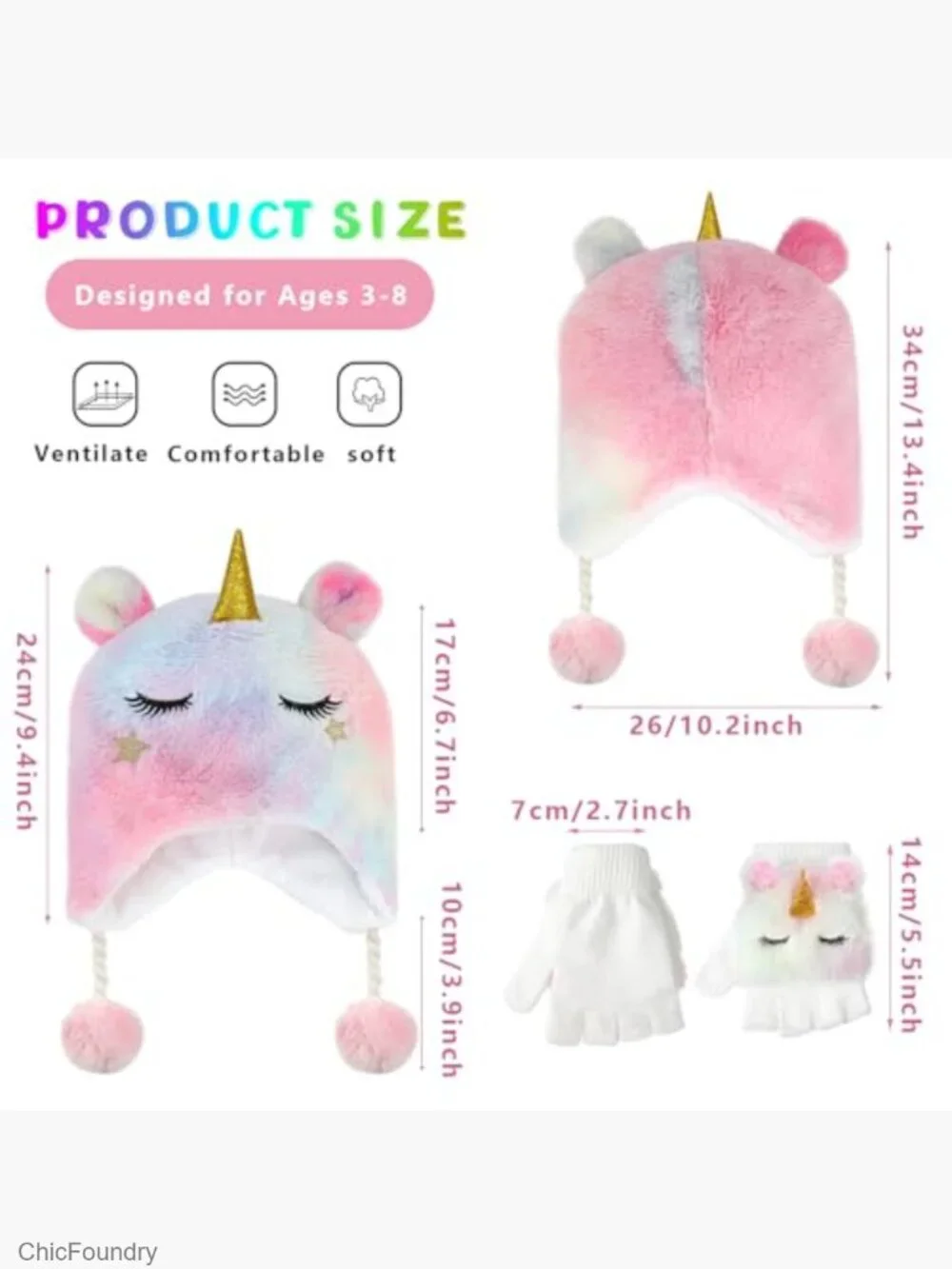 Fleece Unicorn Earflap Hat and Flip Top Mittens Set for Kids